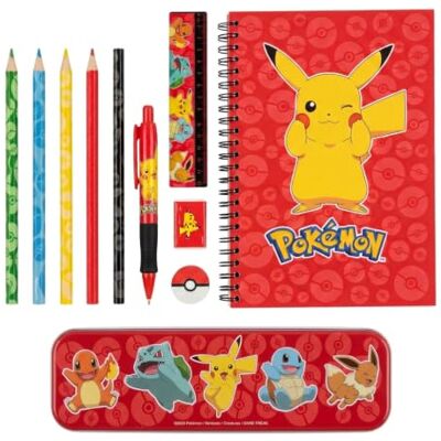 HOX Pokémon Pikachu Stationery Gift Set, 11 Piece For School & Projects Lined notebook, 5 coloured pencils, retractable pen, ruler, sharpener, eraser and metal pencil case. HOX Pokémon Pikachu Stationery Gift Set, 11 Piece For School & Projects Lined notebook, 5 coloured pencils, retractable pen, ruler, sharpener, eraser and metal pencil case.