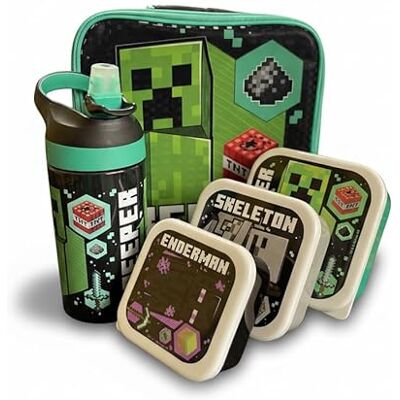 HOX Minecraft 5 Piece Lunch Set Kids School Lunch Bag, 450ml Lockable Water Bottle, 3 Nesting Snack Boxes Featuring Creeper, Skeleton, Enderman Gift for Minecraft Fans HOX Minecraft 5 Piece Lunch Set Kids School Lunch Bag, 450ml Lockable Water Bottle, 3 Nesting Snack Boxes Featuring Creeper, Skeleton, Enderman Gift for Minecraft Fans