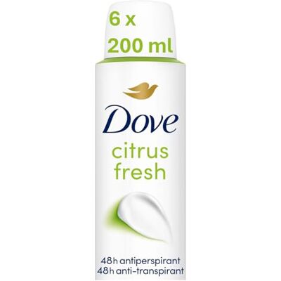 Dove Citrus Fresh Anti-Perspirant Aerosol women’s deodorant spray with ¼ moisturising cream for 48h protection and long-lasting freshness 6x 200 ml Dove Citrus Fresh Anti-Perspirant Aerosol women’s deodorant spray with ¼ moisturising cream for 48h protection and long-lasting freshness 6x 200 ml