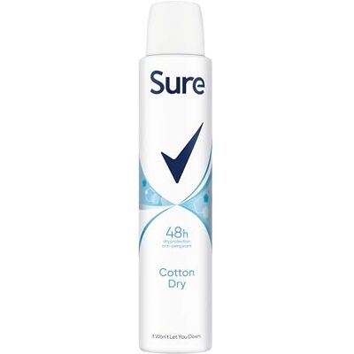 Sure Cotton Dry Anti-Perspirant Aerosol Women's Deodorant Spray with a clean fragrance inspired by fresh cotton sheets for 48 hour protection against sweat and odour 6x 200 ml Sure Cotton Dry Anti-Perspirant Aerosol Women's Deodorant Spray with a clean fragrance inspired by fresh cotton sheets for 48 hour protection against sweat and odour 6x 200 ml