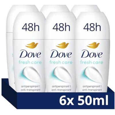 Dove Fresh Care Women's Antiperspirant Deodorant Roll On for 48 Hour Sweat Protection and Long-Lasting Fragrance with ¼ Moisturising Cream 50 ml, Pack of 6 Dove Fresh Care Women's Antiperspirant Deodorant Roll On for 48 Hour Sweat Protection and Long-Lasting Fragrance with ¼ Moisturising Cream 50 ml, Pack of 6