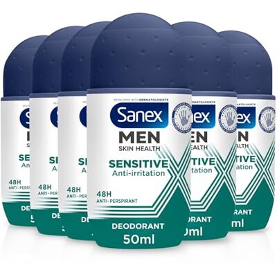Sanex Men Sensitive Antiperspirant Roll-On Deodorant 6x50ml, 48 hour sweat protection, odour-fighting formula, slows down odour release, gentle on skin, 0% alcohol Sanex Men Sensitive Antiperspirant Roll-On Deodorant 6x50ml, 48 hour sweat protection, odour-fighting formula, slows down odour release, gentle on skin, 0% alcohol