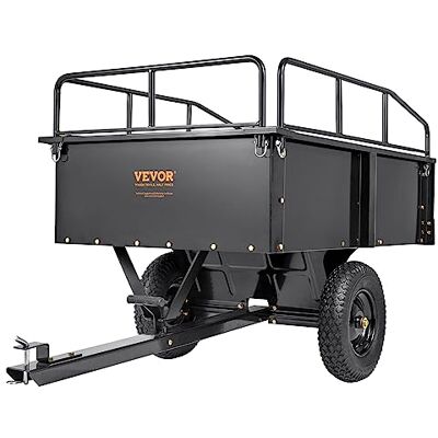 VEVOR Heavy Duty ATV Trailer Steel Dump Cart, 750-Pound 12 Cubic Feet, Garden Utility Trailer with Removable Sides for Riding Lawn Mower Tractor VEVOR Heavy Duty ATV Trailer Steel Dump Cart, 750-Pound 12 Cubic Feet, Garden Utility Trailer with Removable Sides for Riding Lawn Mower Tractor