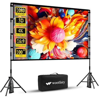 wootfairy Projector Screen with Stand, 100 inch Foldable and Portable Projection Screen 16:9 4K HD Rear Front Wrinkle-Free Movie Screen with Carry Bag for Indoor Outdoor Home Theater Backyard Cinema wootfairy Projector Screen with Stand, 100 inch Foldable and Portable Projection Screen 16:9 4K HD Rear Front Wrinkle-Free Movie Screen with Carry Bag for Indoor Outdoor Home Theater Backyard Cinema