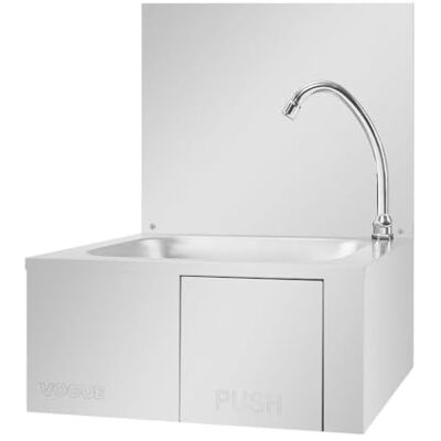 Vogue Knee Operated Sink, Stainless Steel, Size: 495(H) x 440(W) x 345(D)mm, With Splashback Easy Clean Bowl with Drain Boss, Pre Mixer Valve & Spout, GL280 Vogue Knee Operated Sink, Stainless Steel, Size: 495(H) x 440(W) x 345(D)mm, With Splashback Easy Clean Bowl with Drain Boss, Pre Mixer Valve & Spout, GL280