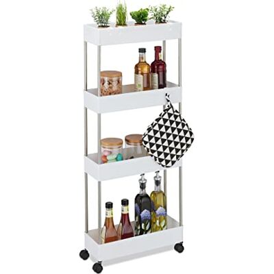 Relaxdays Storage Trolley, Rolling Cart, Space Saving Shelf, Kitchen, 4 Shelves, Plastic, HBT 98 x 15.5 x 40.5 cm, White, Stainless Steel Relaxdays Storage Trolley, Rolling Cart, Space Saving Shelf, Kitchen, 4 Shelves, Plastic, HBT 98 x 15.5 x 40.5 cm, White, Stainless Steel