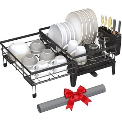 SONGMICS Dish Drying Rack, Dish Drainer for Kitchen Counter, 360?Rotatable and Extendable Spout, Drainboard, with Cutlery Holder, 31-56 x 42 x 20 cm, Ink Black KCS552B01 SONGMICS Dish Drying Rack, Dish Drainer for Kitchen Counter, 360?Rotatable and Extendable Spout, Drainboard, with Cutlery Holder, 31-56 x 42 x 20 cm, Ink Black KCS552B01