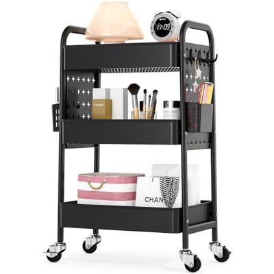 KINGRACK 3-Tier Rolling Cart with DIY Hanging Board, Metal Utility Cart with Wheels, Handles, Baskets & Hooks, Storage Organizer for Bathroom, Kitchen, Office, Nursery Diaper, Black KINGRACK 3-Tier Rolling Cart with DIY Hanging Board, Metal Utility Cart with Wheels, Handles, Baskets & Hooks, Storage Organizer for Bathroom, Kitchen, Office, Nursery Diaper, Black