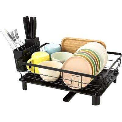 AiQInu Compact Dish Drainer with 360° Swivel Spout, Carbon Steel Drainer with Integrated Cutlery Holder, Space-Saving Dish Drainer for Small Kitchens, Automatic Drain System AiQInu Compact Dish Drainer with 360° Swivel Spout, Carbon Steel Drainer with Integrated Cutlery Holder, Space-Saving Dish Drainer for Small Kitchens, Automatic Drain System