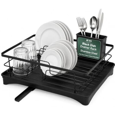 Zuvo Black Dish Drainer Rack, Stainless Steel with Drip Tray Drains washed-up dishes on the worktop by the sink, fits a full dinner service, rust-resistant black steel, catches drips Zuvo Black Dish Drainer Rack, Stainless Steel with Drip Tray Drains washed-up dishes on the worktop by the sink, fits a full dinner service, rust-resistant black steel, catches drips
