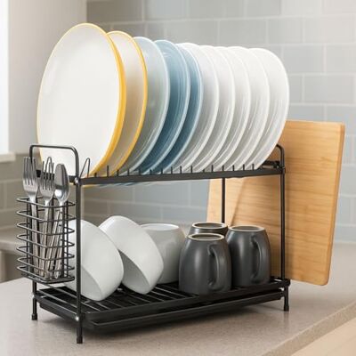 Coselena 2-Tier Black Dish Drainer Rack Multifunctional Dish Rack with Utensil Holder & Draining Board Kitchen Storage Rack Space-Saving Drainers for Kitchen Sink Countertop Organiser Coselena 2-Tier Black Dish Drainer Rack Multifunctional Dish Rack with Utensil Holder & Draining Board Kitchen Storage Rack Space-Saving Drainers for Kitchen Sink Countertop Organiser