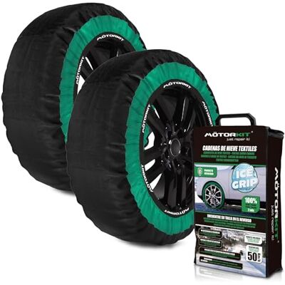 MOTORKIT Set of 2 Textile Snow Chains Ice Grip Size M. EN 16662-1 Certified. Easy and Quick to Install. Safe Driving on Ice and Snow, Green MOTORKIT Set of 2 Textile Snow Chains Ice Grip Size M. EN 16662-1 Certified. Easy and Quick to Install. Safe Driving on Ice and Snow, Green