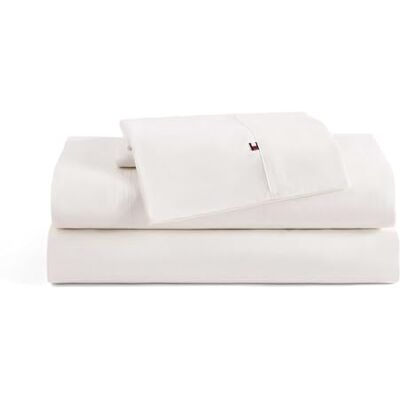 Tommy Hilfiger Sheet Set, Cotton Washed Percale Bedding with Matching Pillowcases, Crisp & Cool, Solid Home Essentials (Ivory, Twin XL) Tommy Hilfiger Sheet Set, Cotton Washed Percale Bedding with Matching Pillowcases, Crisp & Cool, Solid Home Essentials (Ivory, Twin XL)