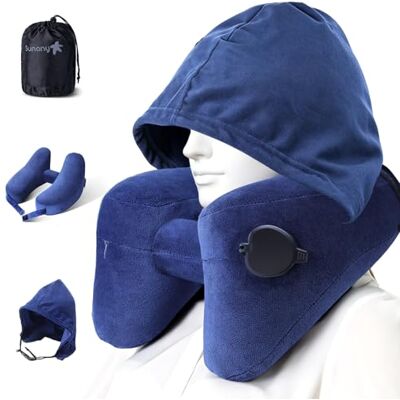 Sunany Neck Pillow Inflatable Travel Pillow Comfortably Supports The Head, Neck and Chin, with Hat, Portable Drawstring Bag, 3D Eye Mask and Earplugs (Blue) Sunany Neck Pillow Inflatable Travel Pillow Comfortably Supports The Head, Neck and Chin, with Hat, Portable Drawstring Bag, 3D Eye Mask and Earplugs (Blue)