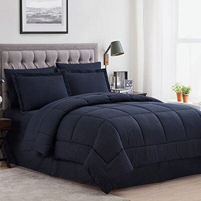Sweet Home Collection 2 Pillowcases & 2 Shams & Bed Skirt All Season Warmth, Fine Double Brushed Microfiber/100% Fiber Fill, Dobby Navy, King Sweet Home Collection 2 Pillowcases & 2 Shams & Bed Skirt All Season Warmth, Fine Double Brushed Microfiber/100% Fiber Fill, Dobby Navy, King