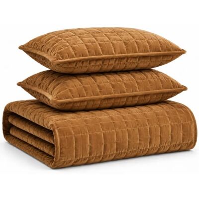 Tribeca Living Velvet Queen Quilt Set, Three-Piece Box Stitch Bedding, Includes Oversized Quilt & Two Shams, 260GSM Super Soft Velvet, Camel Tribeca Living Velvet Queen Quilt Set, Three-Piece Box Stitch Bedding, Includes Oversized Quilt & Two Shams, 260GSM Super Soft Velvet, Camel