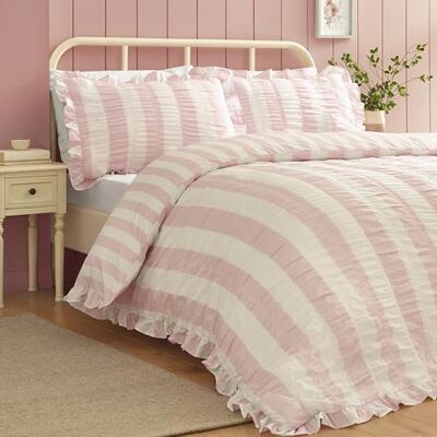 Catherine Lansfield Seersucker Frill Stripe Super King Duvet Set Pink Catherine Lansfield Seersucker Frill Stripe Super King Duvet Set Pink