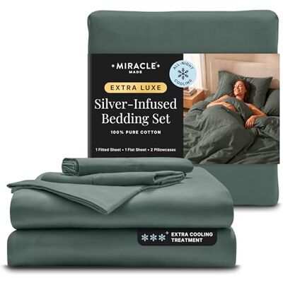 Miracle Made ® Extra Luxe COOLIT True Grip Fitted Bed Sheet Set –Sage Green, King– 4 Piece Set, 300-Thread-Count Thread Count Lyocell Silver Infused for Sensitive Skin Miracle Made ® Extra Luxe COOLIT True Grip Fitted Bed Sheet Set –Sage Green, King– 4 Piece Set, 300-Thread-Count Thread Count Lyocell Silver Infused for Sensitive Skin