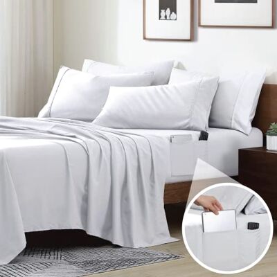 Swift Home Smart Sheets, Ultra Soft Brushed Microfiber 3-Piece Sheet Set, Fitted Bed Sheet with Side Storage Pockets – White, Twin XL Swift Home Smart Sheets, Ultra Soft Brushed Microfiber 3-Piece Sheet Set, Fitted Bed Sheet with Side Storage Pockets – White, Twin XL