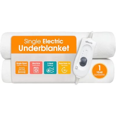 Abode Single Electric Blanket 60W White Heater with 3 Heat Settings, Preheat Function & Detachable Controls, 1.4m Power Cord & Machine Washable AESB1001 (Single) Abode Single Electric Blanket 60W White Heater with 3 Heat Settings, Preheat Function & Detachable Controls, 1.4m Power Cord & Machine Washable AESB1001 (Single)