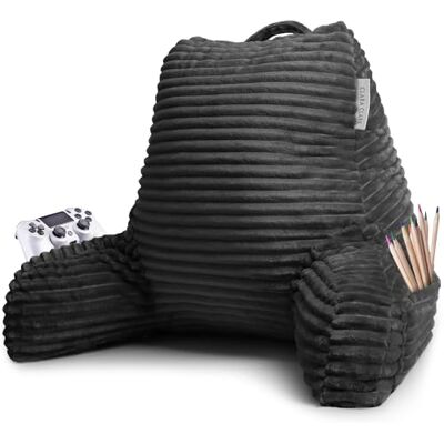 Clara Clark Cut Plush Striped Reading Pillow for Kids & Teens, Back Support Pillow, Shredded Memory Foam Bed Rest Pillow with Arms, Medium, Dark Grey Clara Clark Cut Plush Striped Reading Pillow for Kids & Teens, Back Support Pillow, Shredded Memory Foam Bed Rest Pillow with Arms, Medium, Dark Grey