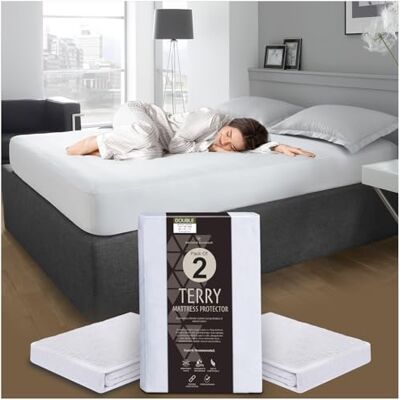 GC GAVENO CAVAILIA Terry Towelling Mattress Protector 30cm Deep Pack of 2 Double Mattress Protector Waterproof (190 x 137cm) Anti Allergic & Durable Polycotton Mattress Cover for Bed White GC GAVENO CAVAILIA Terry Towelling Mattress Protector 30cm Deep Pack of 2 Double Mattress Protector Waterproof (190 x 137cm) Anti Allergic & Durable Polycotton Mattress Cover for Bed White