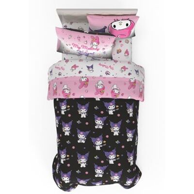 Franco Sanrio Kuromi & My Melody Bedding 5 Piece Super Soft Cozy Reversible Comforter and Sheet Set with Sham, Twin, (Officially Licensed Product) Franco Sanrio Kuromi & My Melody Bedding 5 Piece Super Soft Cozy Reversible Comforter and Sheet Set with Sham, Twin, (Officially Licensed Product)