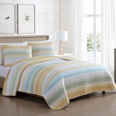 Beatrice Home Fashions Striped Quilt Set, Polyester, Yellow Sage, Twin Beatrice Home Fashions Striped Quilt Set, Polyester, Yellow Sage, Twin