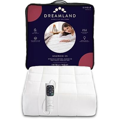 Dreamland Electric Mattress Protector Single Size – Snowed In Organic Cotton, Fitted Sheet style, Fast Heat-Up, Timer with 6 Heat Settings,1 x Detachable Controllers, Machine Washable, 190 x 90cm Dreamland Electric Mattress Protector Single Size – Snowed In Organic Cotton, Fitted Sheet style, Fast Heat-Up, Timer with 6 Heat Settings,1 x Detachable Controllers, Machine Washable, 190 x 90cm