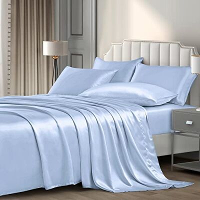 P Pothuiny 6 Pieces King Satin Sheets Luxury Silky Baby Blue Satin Bedding Sheet Set, 1 Deep Pocket Fitted Sheet + 1 Flat Sheet + 4 Pillow Cases P Pothuiny 6 Pieces King Satin Sheets Luxury Silky Baby Blue Satin Bedding Sheet Set, 1 Deep Pocket Fitted Sheet + 1 Flat Sheet + 4 Pillow Cases