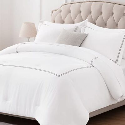 Zone Luxury Hotel Bedding Comforter Set 3-Piece Machine Washable, Lightweight Down Alternative Duvet Insert with Embroidered Stripes, Queen (90" x 95"), Grey Strips Zone Luxury Hotel Bedding Comforter Set 3-Piece Machine Washable, Lightweight Down Alternative Duvet Insert with Embroidered Stripes, Queen (90" x 95"), Grey Strips