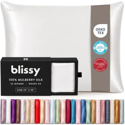 BLISSY Silk Pillowcase 100 Percent Pure Mulberry Silk 22 Momme 6A High-Grade Fibers Satin Pillow Cover for Hair & Skin Regular, Queen & King with Hidden Zipper, White BLISSY Silk Pillowcase 100 Percent Pure Mulberry Silk 22 Momme 6A High-Grade Fibers Satin Pillow Cover for Hair & Skin Regular, Queen & King with Hidden Zipper, White