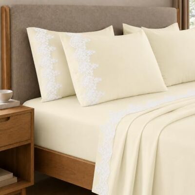 PETTI Artigiani Italiani Percale Double Flat Sheet with Lace Percale Double Bed Sheet Set Lace Cream 100% Made in Italy PETTI Artigiani Italiani Percale Double Flat Sheet with Lace Percale Double Bed Sheet Set Lace Cream 100% Made in Italy