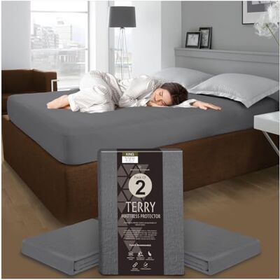 GC GAVENO CAVAILIA Terry Towel Mattress Cover Pack of 2 Antibacterial King Size Mattress Protector Fitted Sheet Polycotton Waterproof Mattress Protector King Size (200x150 Cm) Charcoal GC GAVENO CAVAILIA Terry Towel Mattress Cover Pack of 2 Antibacterial King Size Mattress Protector Fitted Sheet Polycotton Waterproof Mattress Protector King Size (200x150 Cm) Charcoal