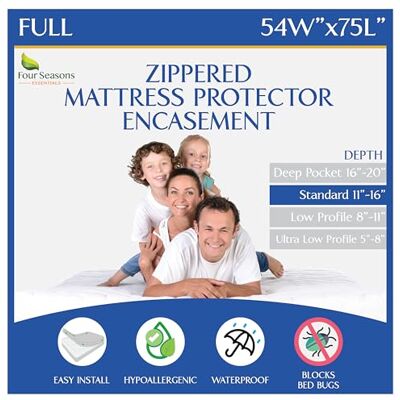 Four Seasons Essentials Full Size Mattress Protector Zippered Waterproof Encasement Hypoallergenic Premium Quality Cover Protects Against Dust, Allergens Four Seasons Essentials Full Size Mattress Protector Zippered Waterproof Encasement Hypoallergenic Premium Quality Cover Protects Against Dust, Allergens