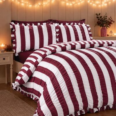 Catherine Lansfield Seersucker Frill Stripe King Duvet Set Plum Catherine Lansfield Seersucker Frill Stripe King Duvet Set Plum