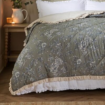 furn. Wylder Hermione Bedspread – Reversible Floral Quilted Cotton Ruffle Trim Coverlet Bedding (Moss – 150x200cm) furn. Wylder Hermione Bedspread – Reversible Floral Quilted Cotton Ruffle Trim Coverlet Bedding (Moss – 150x200cm)