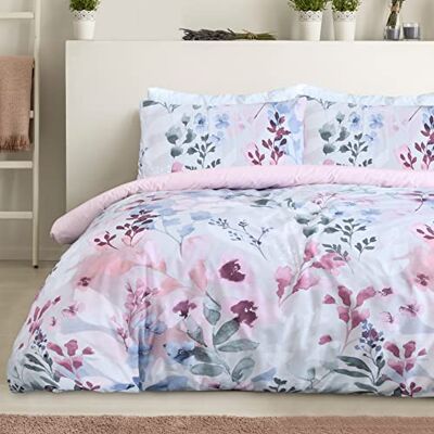 Sleepdown - Botanical Leaves Reversible Duvet Cover Set - pink & blue - matrimonial - floral leaves - Bedding set Sleepdown - Botanical Leaves Reversible Duvet Cover Set - pink & blue - matrimonial - floral leaves - Bedding set