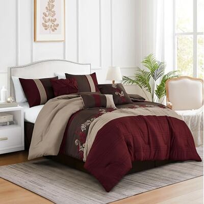 Chezmoi Collection Napa 7-Piece Luxury Leaves Scroll Embroidery Bedding Comforter Set (Queen, Burgundy/Taupe/Brown) Chezmoi Collection Napa 7-Piece Luxury Leaves Scroll Embroidery Bedding Comforter Set (Queen, Burgundy/Taupe/Brown)