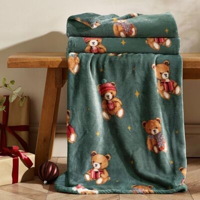 Catherine Lansfield Christmas Tartan Teddy Bear 130x170cm Throw Green Catherine Lansfield Christmas Tartan Teddy Bear 130x170cm Throw Green