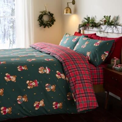 Catherine Lansfield Christmas Tartan Teddy Bear Double Duvet Set Green Catherine Lansfield Christmas Tartan Teddy Bear Double Duvet Set Green