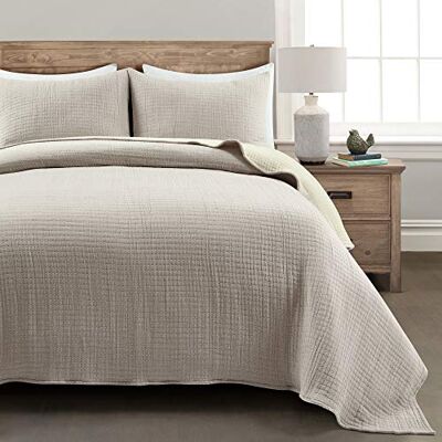 Lush Decor Solid Kantha Pick Stitch Yarn Dyed Cotton Woven 3 Piece Quilt/Coverlet Set, Neutral & Off-White, Full/Queen Lush Decor Solid Kantha Pick Stitch Yarn Dyed Cotton Woven 3 Piece Quilt/Coverlet Set, Neutral & Off-White, Full/Queen