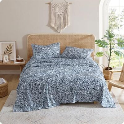 Indigo Ink Queen Size Sheet Set, 4-Piece Boho Floral Damask Patterned Bedding, Soft & Wrinkle Resistant (Tufted Medallion Collection, Navy Blue) Indigo Ink Queen Size Sheet Set, 4-Piece Boho Floral Damask Patterned Bedding, Soft & Wrinkle Resistant (Tufted Medallion Collection, Navy Blue)