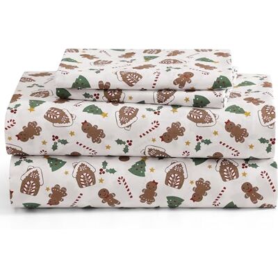 Aubrie Home Accents 4-Piece Christmas Holiday Gingerbread Deep Pocket Microfiber Bed Sheet Set, King Aubrie Home Accents 4-Piece Christmas Holiday Gingerbread Deep Pocket Microfiber Bed Sheet Set, King