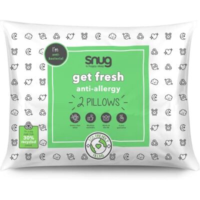 Snug is happy sleep Snug Get Fresh Pillows 2 Pack Anti Allergy Pillows Ideal for Front, Back and Side Sleepers Made with Eco Friendly Hollowfibre Protecting Against Bacteria Machine Washable Pack of 2,White Snug is happy sleep Snug Get Fresh Pillows 2 Pack Anti Allergy Pillows Ideal for Front, Back and Side Sleepers Made with Eco Friendly Hollowfibre Protecting Against Bacteria Machine Washable Pack of 2,White