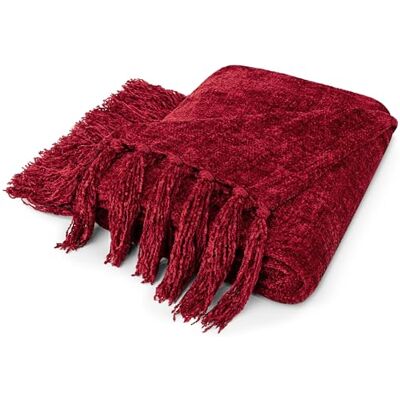 PAVILIA Chenille Tassel Fringe Throw Blanket Velvety Texture Decorative Twin Size Blanket for Sofa Couch Bed Soft Silky Cozy Lightweight Knitted Throw Wine Red 60 x 80 Inches PAVILIA Chenille Tassel Fringe Throw Blanket Velvety Texture Decorative Twin Size Blanket for Sofa Couch Bed Soft Silky Cozy Lightweight Knitted Throw Wine Red 60 x 80 Inches
