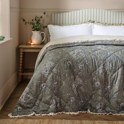 furn. Wylder Hermione Bedspread – Reversible Floral Quilted Cotton Ruffle Trim Coverlet Bedding (Moss – 240x260cm) furn. Wylder Hermione Bedspread – Reversible Floral Quilted Cotton Ruffle Trim Coverlet Bedding (Moss – 240x260cm)
