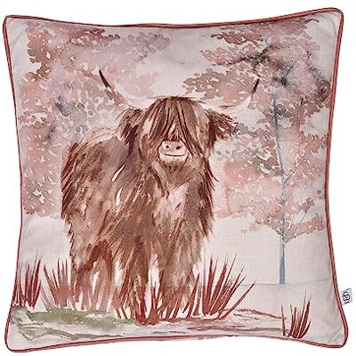 Dreams & Drapes Highland Cow Cushion 43x43cm – Reversible Red Flannelette Pillow with Insert – Piped Edge – Woodland Animal Design, Terracotta Dreams & Drapes Highland Cow Cushion 43x43cm – Reversible Red Flannelette Pillow with Insert – Piped Edge – Woodland Animal Design, Terracotta