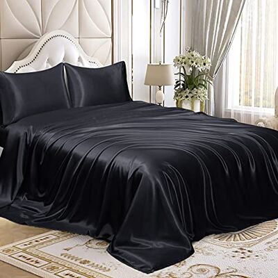 Homiest 4pcs Satin Sheets Set Luxury Silky Satin Bedding Set with Deep Pocket, 1 Fitted Sheet + 1 Flat Sheet + 2 Pillowcases (Queen Size, Black) Homiest 4pcs Satin Sheets Set Luxury Silky Satin Bedding Set with Deep Pocket, 1 Fitted Sheet + 1 Flat Sheet + 2 Pillowcases (Queen Size, Black)