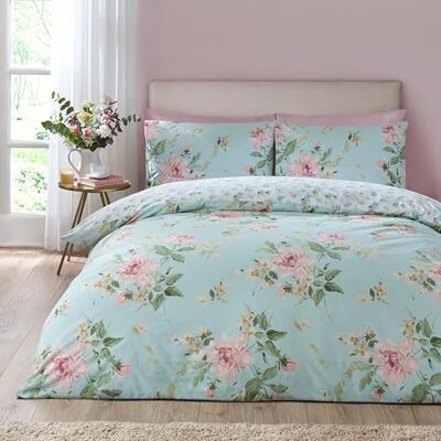 Catherine Lansfield Avebury Floral Reversible Single Duvet Cover Set with Pillowcase Duck Egg Blue Catherine Lansfield Avebury Floral Reversible Single Duvet Cover Set with Pillowcase Duck Egg Blue